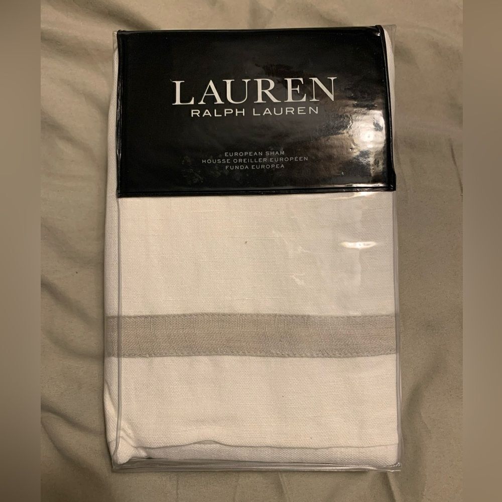 LAUREN RALPH LAUREN Carolyne Frame Euro Sham $135 Off White Gray Linen Cotton